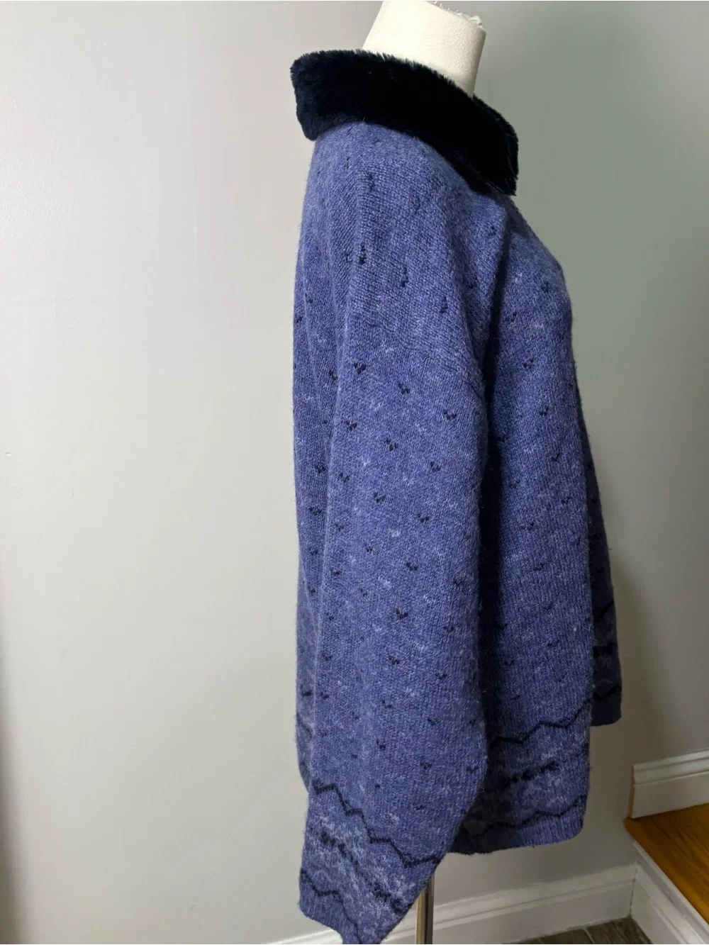 Fair Isle 100% Wool Blue Sweater Cardigan Metal Clasp Sz L Detachable Collar